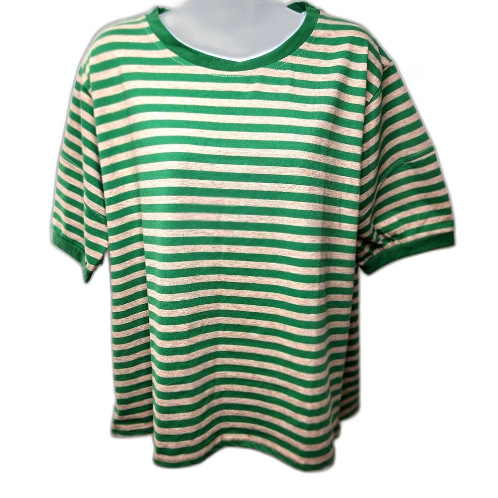 Woman's Striped T shirt Green Beige Yifuqin XL Tags Rugby Preppy Sporty Tee NWT